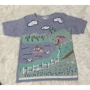 Novelty pullover sweater short sleeve pond trees flowers pastoral scene Medium
